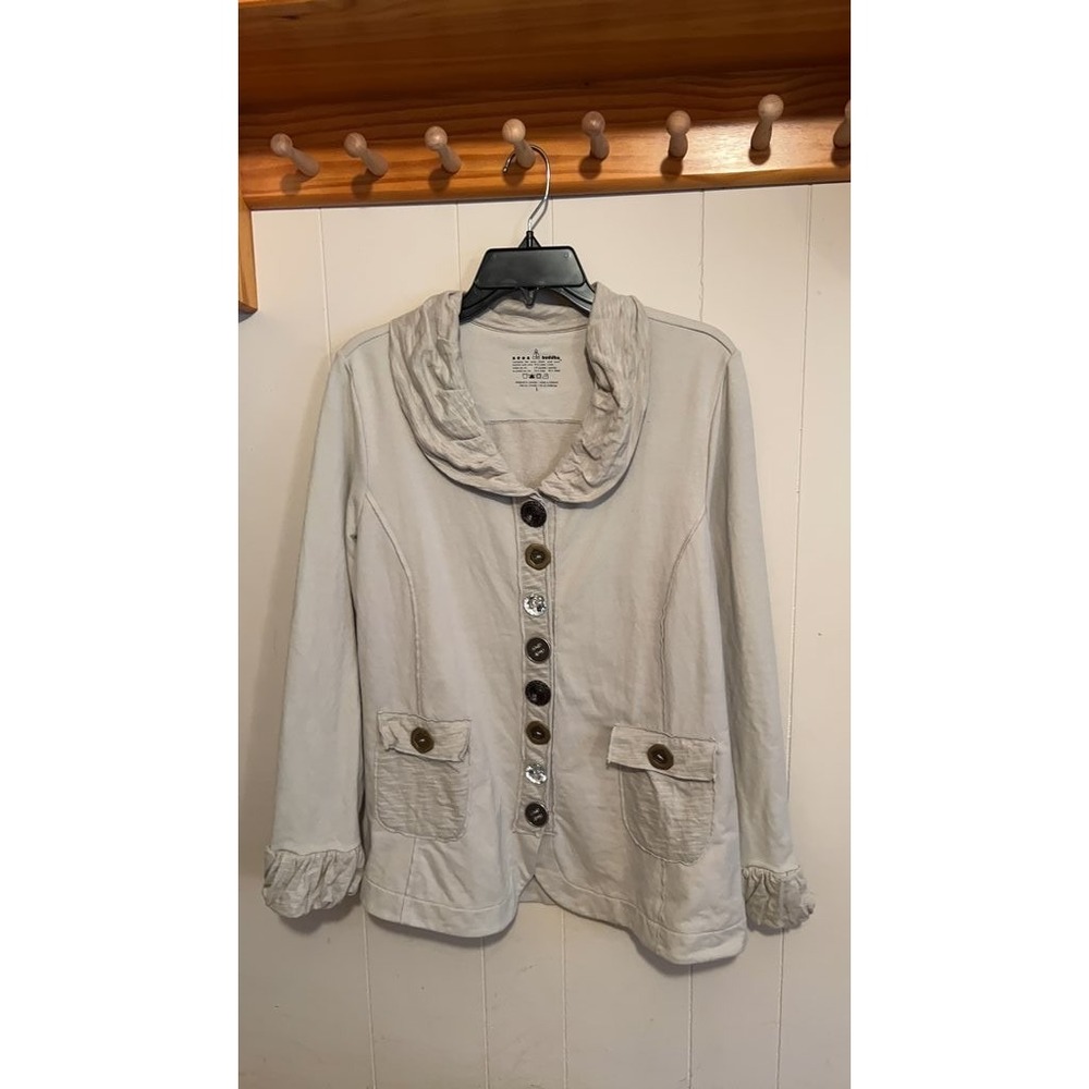 Neon Buddha Women's Button-Up Jacket with Ruffled Collar and Cuffs